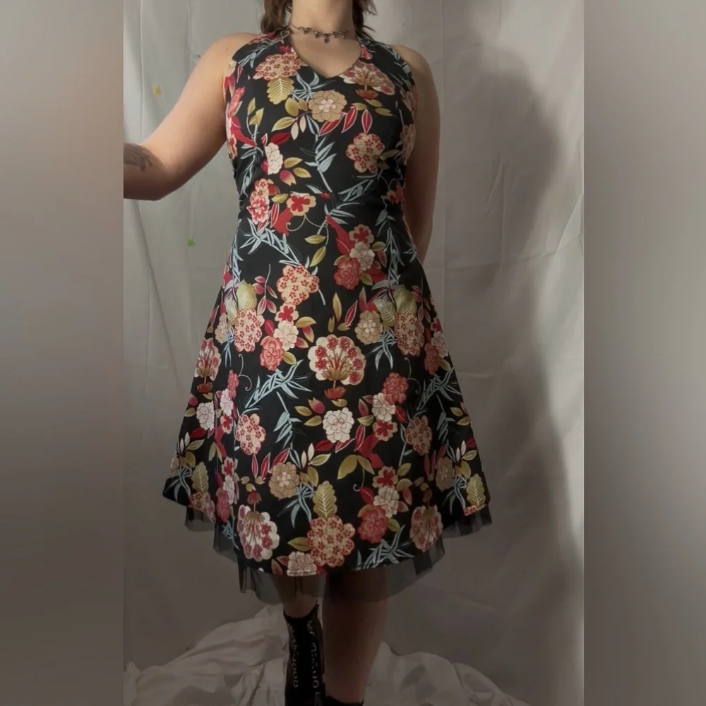 Y2K Black Floral Hawaii Tulle Whimsigoth Fairy Grunge Halter Dress Size M-L - Picture 12 of 16